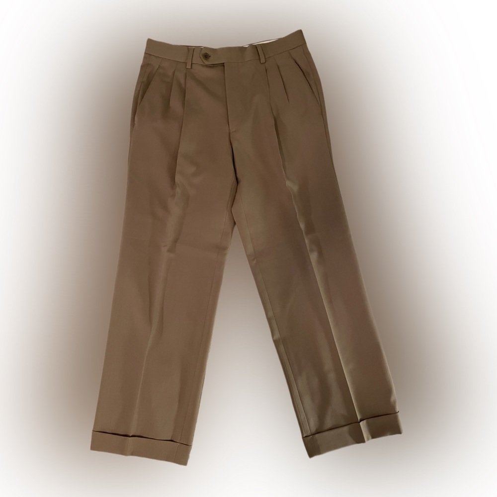 Paul Fredrick 100% Wool Gabardine Pleated Pants Tan, 33x28